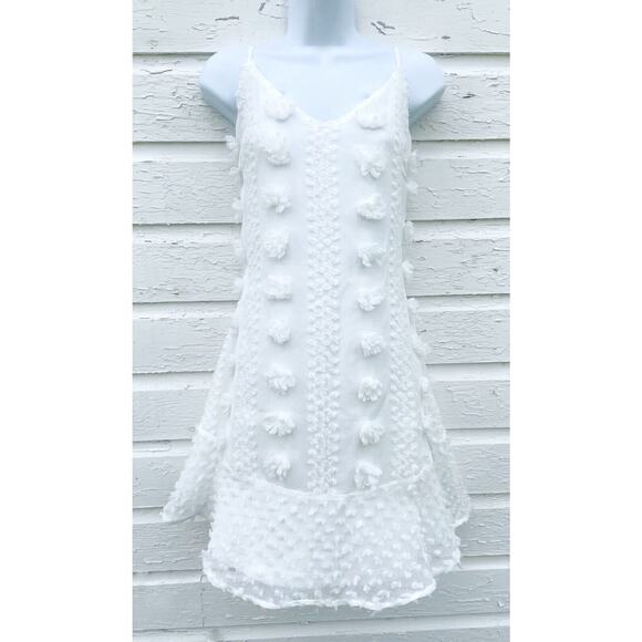 &Merci Dress Womens L White Sheer Pom Pom Ruffle Clip Dot Swing Strappy Lined - Picture 1 of 5